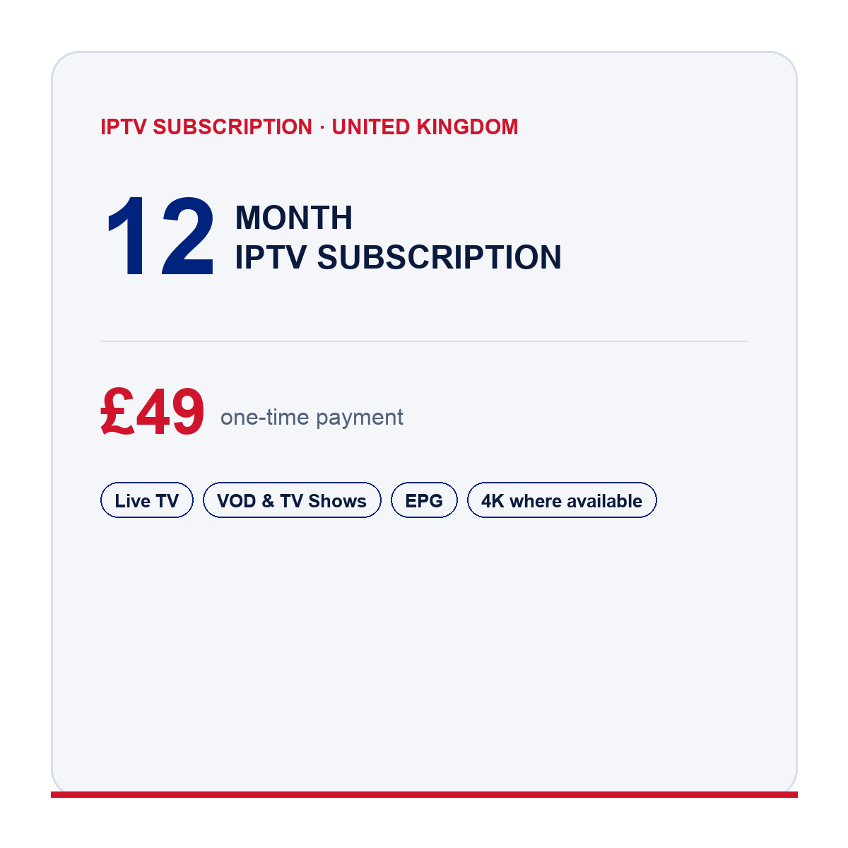 12-month IPTV subscription plan card, priced at £49