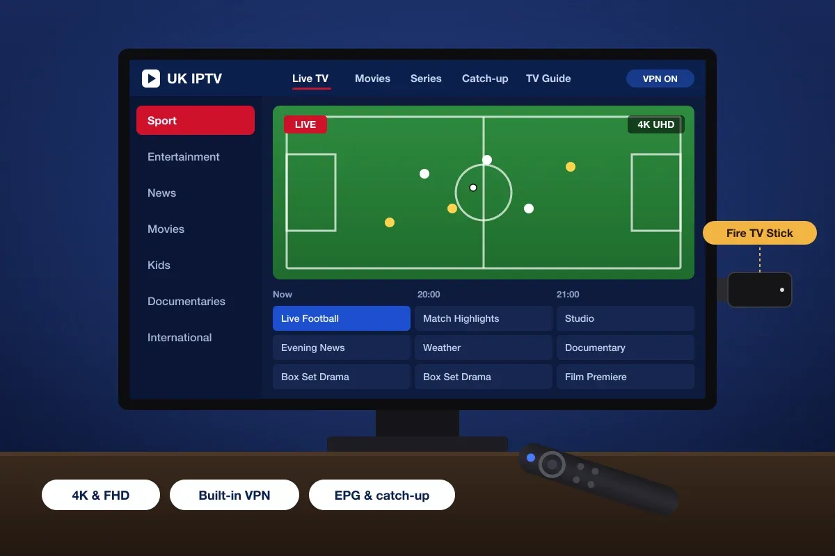 Switch from AmbKonnect to UK IPTV on a Fire TV Stick: live football in 4K with the TV guide and built-in VPN