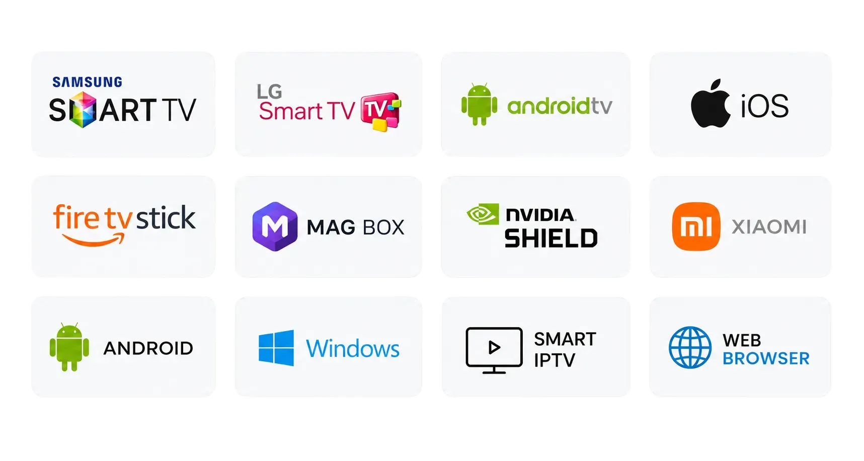 Devices compatible with UK IPTV: Samsung and LG Smart TV, Android TV, iOS, Fire TV Stick, MAG box, Nvidia Shield, Xiaomi, Android, Windows, Smart IPTV and web browser