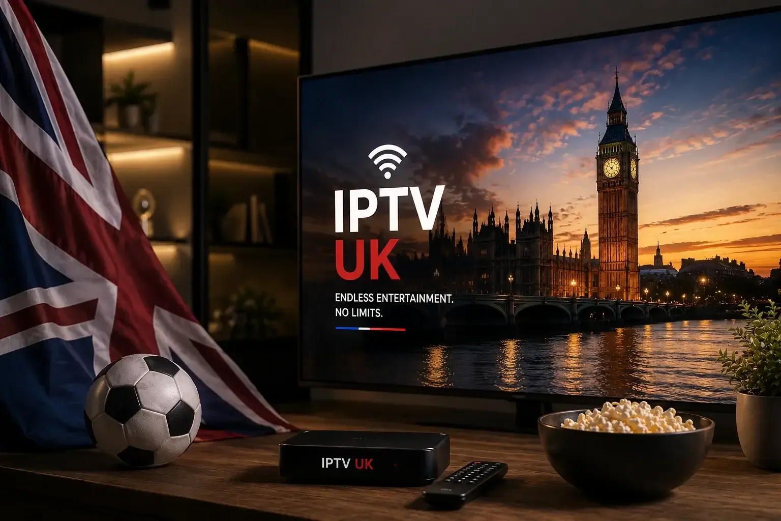 UK IPTV streaming on a living room TV with a set-top box, remote and football