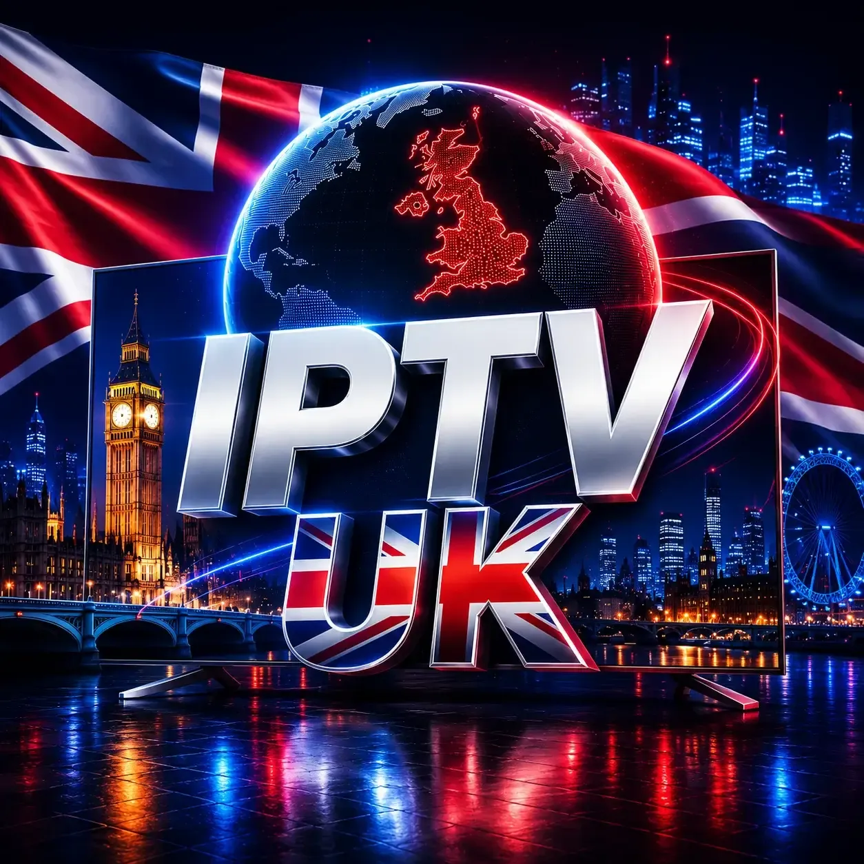 UK IPTV logo over a map of the United Kingdom and a London skyline at night